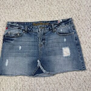 Kali Denim Mini Skirt Distressed Raw Hem Low Rise Blue Size 11 Y2K Vintage Cute